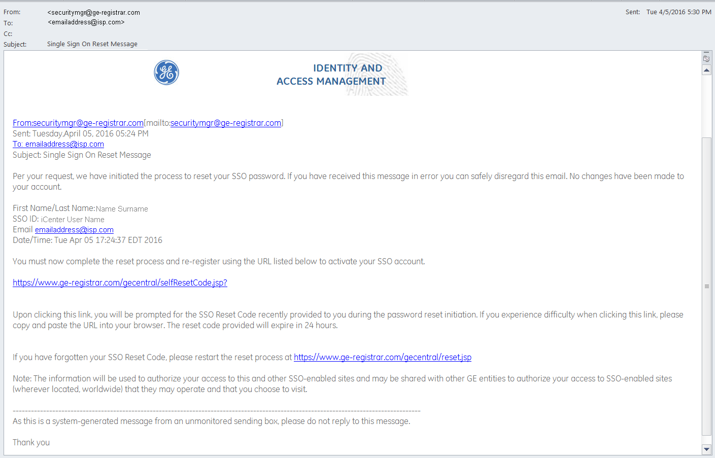 SSO reset message email